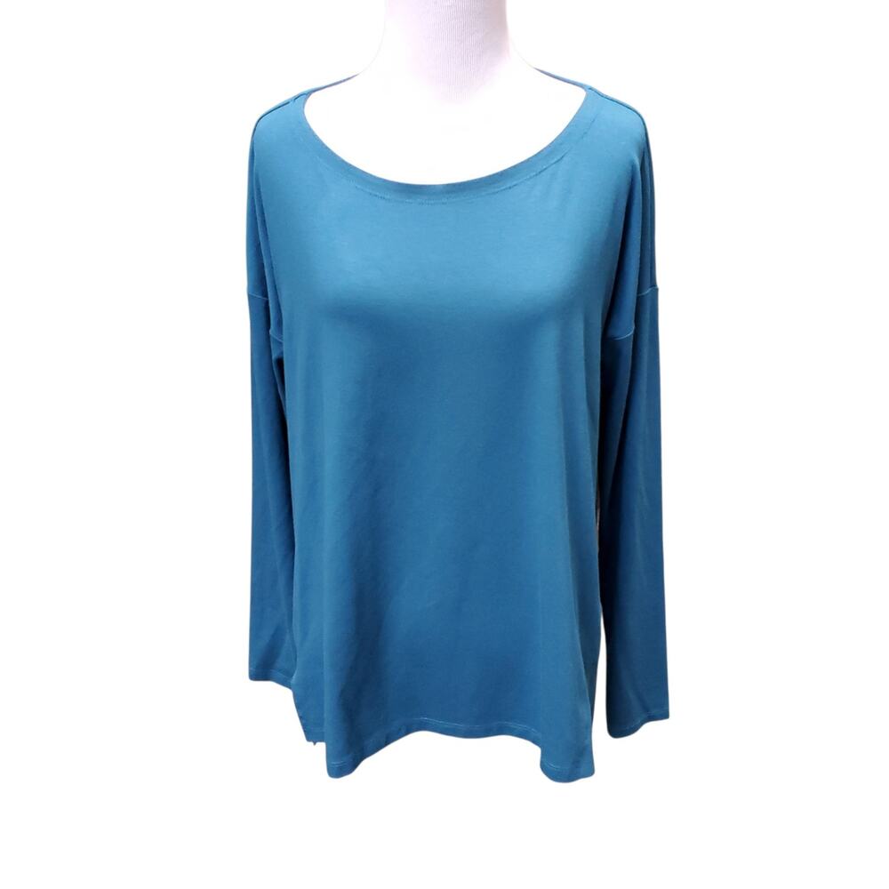 Eileen Fisher Blue Tunic Top Elevated Basic Long Sleeve Stretch Scoop Neck Sz S